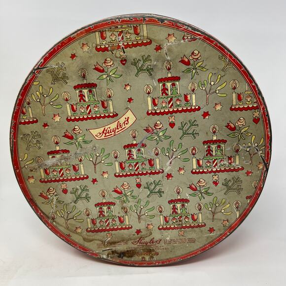 Vintage 30s Huylers Christmas Candy Tin Round Metal Primitive Cottage Farmhouse - Picture 1 of 15